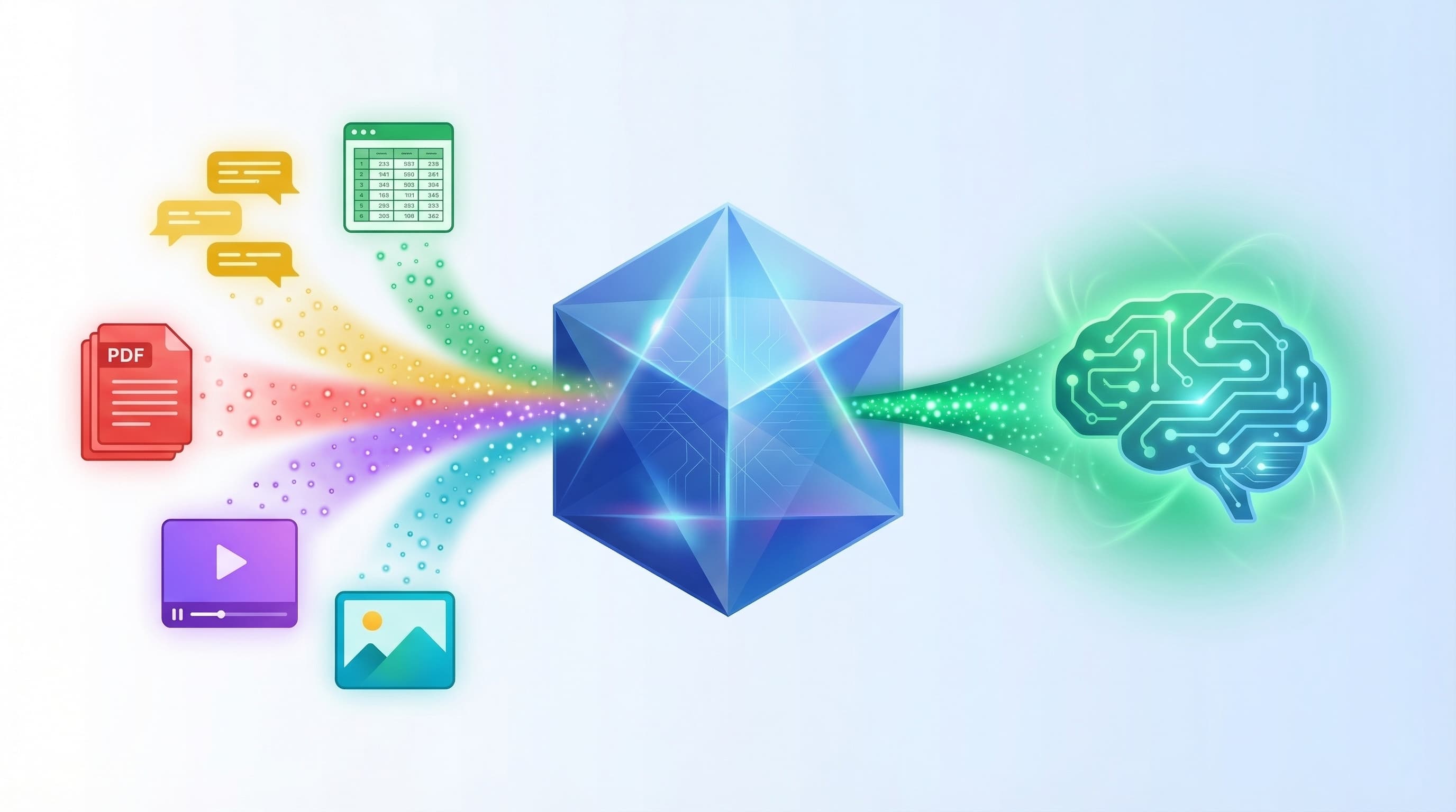 Documents and media flowing into Knowledge Bank crystal, outputting custom AI